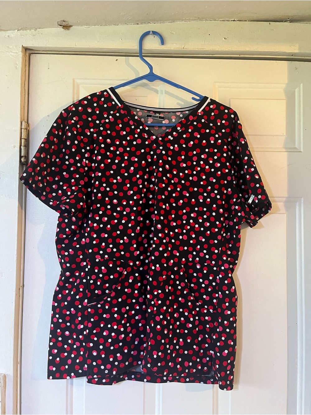 Elle Black V-Neck Scrub Top with Red, Pink & White Polka Dots